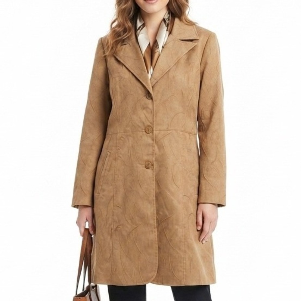Annalese Trench Coat Jacket Womens Large Tan Swirl Embroidered Faux Suede Fall
